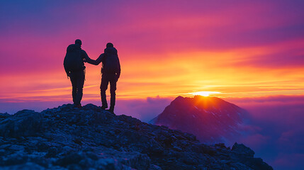 Two hikers, one helping the other reach the summit of a mountain. Silhouetted against a vibrant sky, emphasizing camaraderie and support. Rugged terrain, sense of accomplishment and adventure