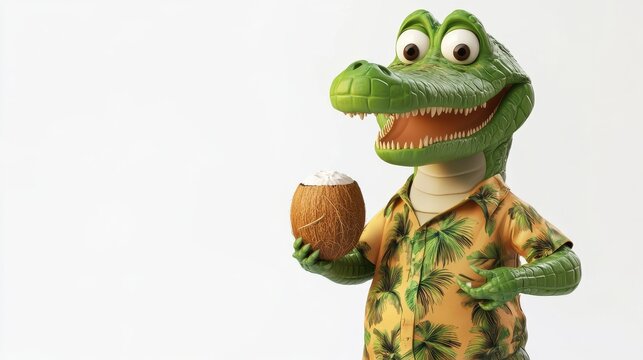 Playful Alligator Character with Coconut in Tropical Shirt