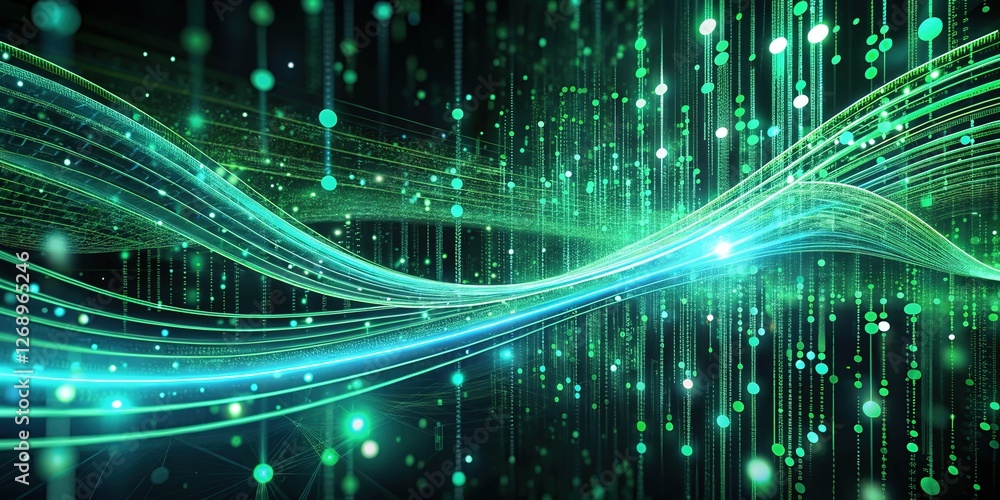 Poster futuristic digital data stream: glowing binary code on dark green background - cyber security & data