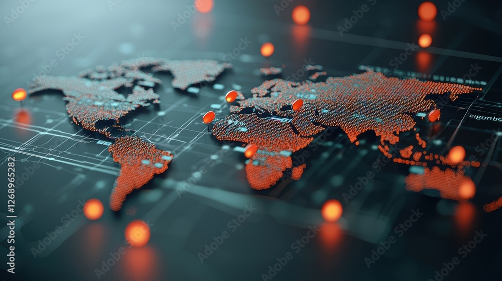 Poster a digital map displaying real time data on global trade flows, showcasing the intricate web of comme