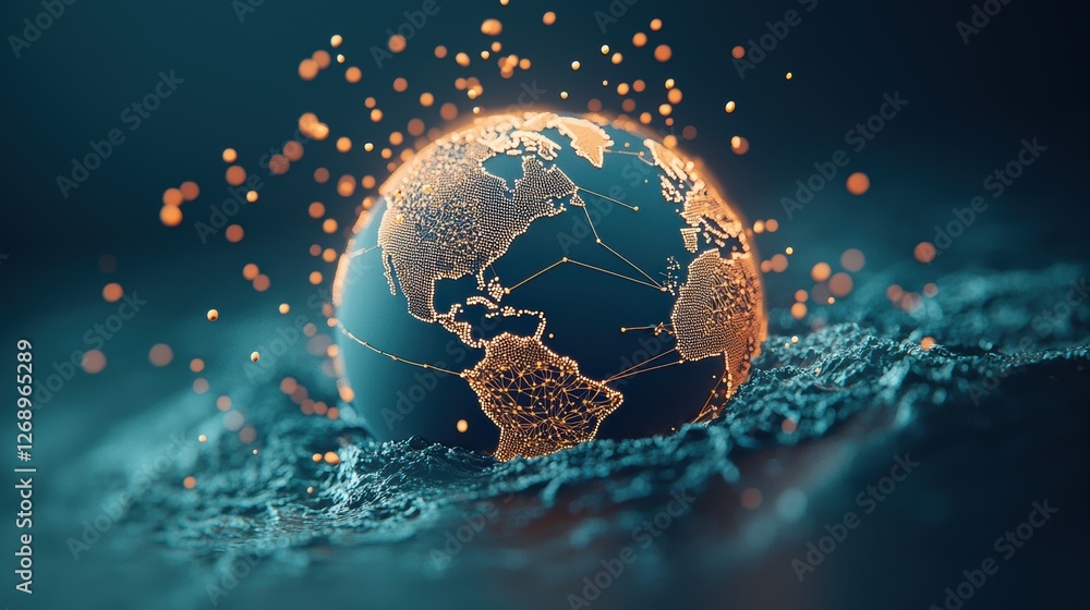 Poster a globe with shipping routes crisscrossing the oceans, highlighting the vastness and complexity of m