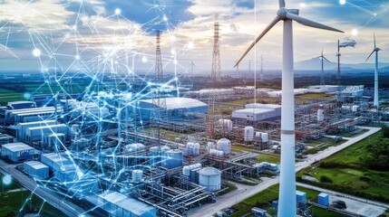 A smart grid displaying real-time data on carbon capture efficiency using renewable energy.