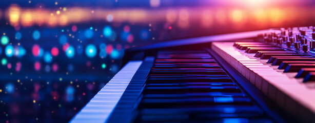 vibrant music production studio featuring keyboard and colorful lights, creating inspiring atmosphere for creativity and sound exploration