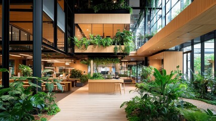 A large room with a lot of plants and a wooden floor