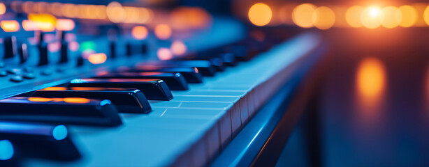 close up view of modern synthesizer keyboard with illuminated keys, creating vibrant atmosphere for music production