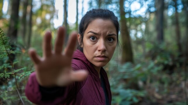 Young woman in red jacket in forest with hand outstretched expressing concern - Powered by Adobe