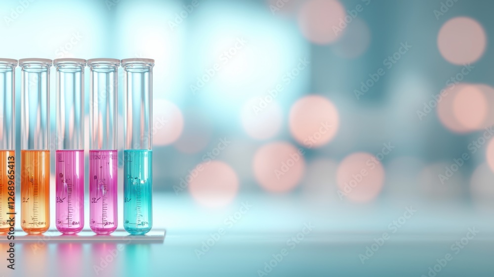 Poster a row of test tubes filled with colorful solutions, each labeled with handwritten notes, illuminated
