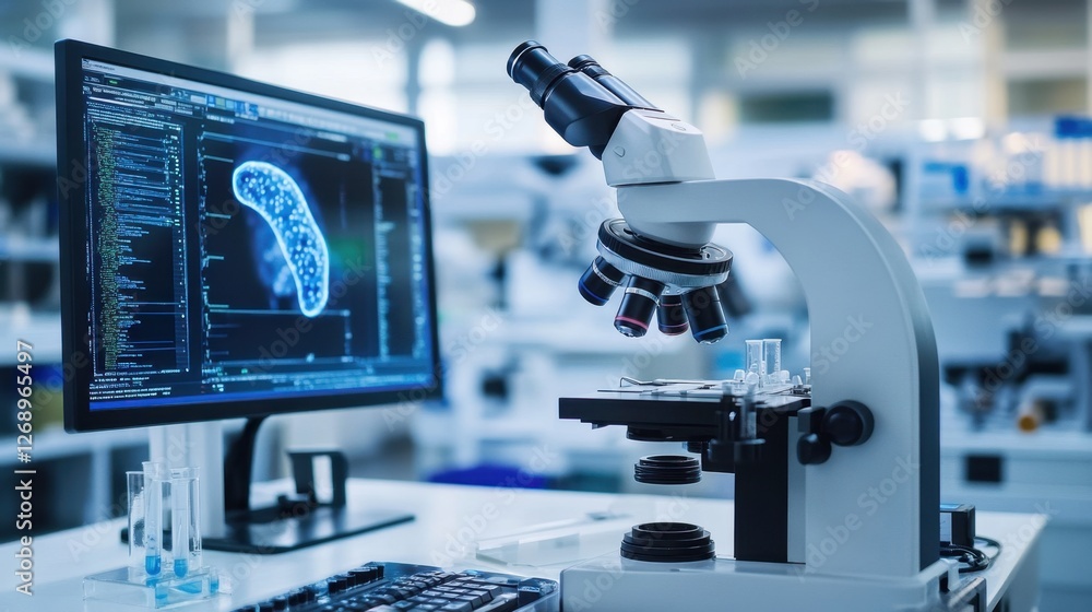 Poster a smart microscope scanning and analyzing car t-cells in a high-tech research lab.