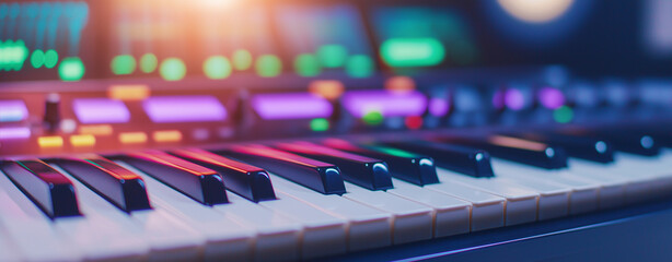 Close up of modern music production studio keyboard with colorful lights, showcasing intricate design and vibrant atmosphere of music creation