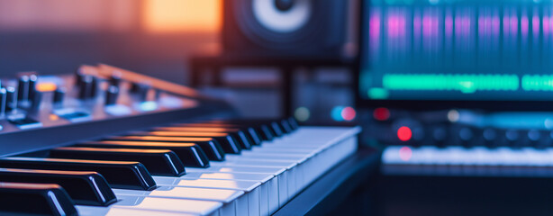 Close up of modern music production studio featuring keyboard, synthesizer, and computer screen displaying audio tracks. vibrant atmosphere inspires creativity