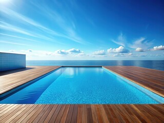 Fototapeta premium Minimalist Poolside Serenity: Crystal Clear Water, Blue Sky, Wooden Deck