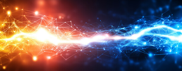 Abstract digital grid background with glowing light, vibrant colors, and intricate patterns create dynamic visual experience. This evokes sense of energy and movement