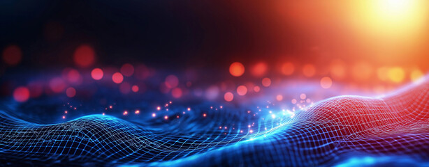Abstract digital grid background with glowing light and vibrant colors, creating sense of depth and movement. Ideal for technology and futuristic themes