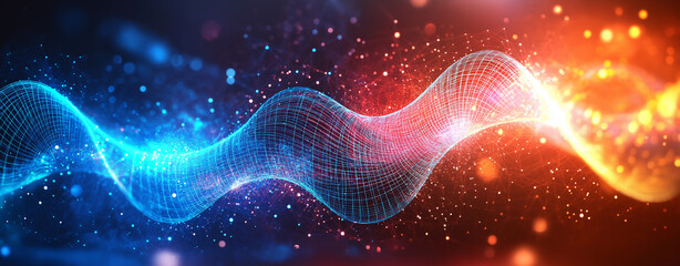 Abstract digital grid background with glowing light waves in blue and orange hues, creating dynamic and vibrant visual effect
