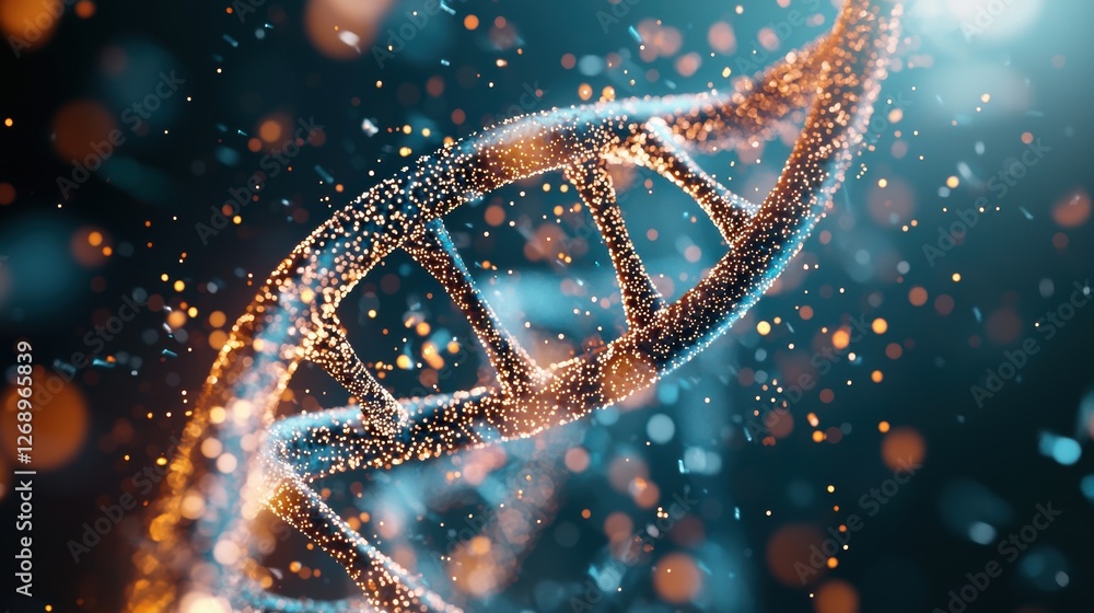 Poster an abstract representation of a dna double helix, with glowing lines and dots forming the intricate 