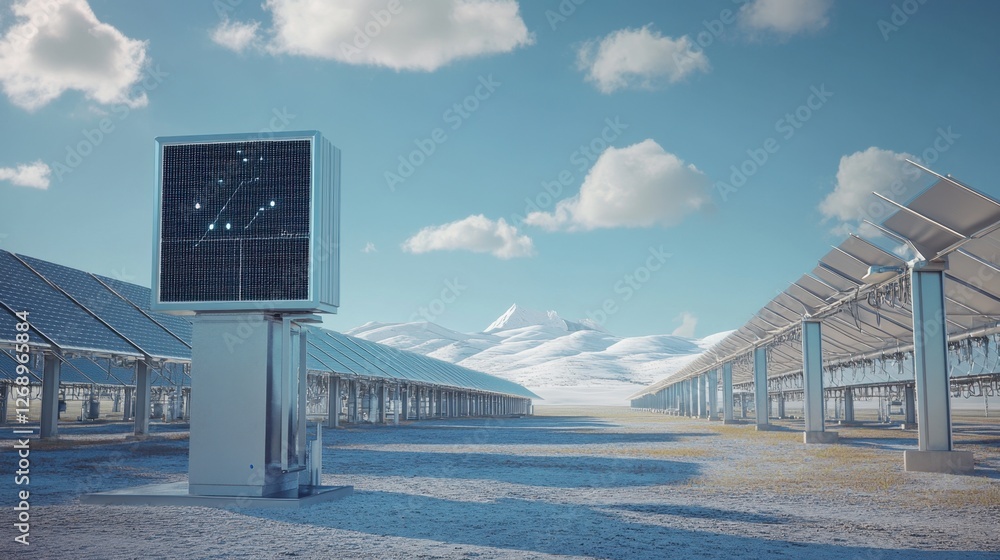 Poster a solar farm with ai-controlled ccus systems optimizing carbon removal efficiency.