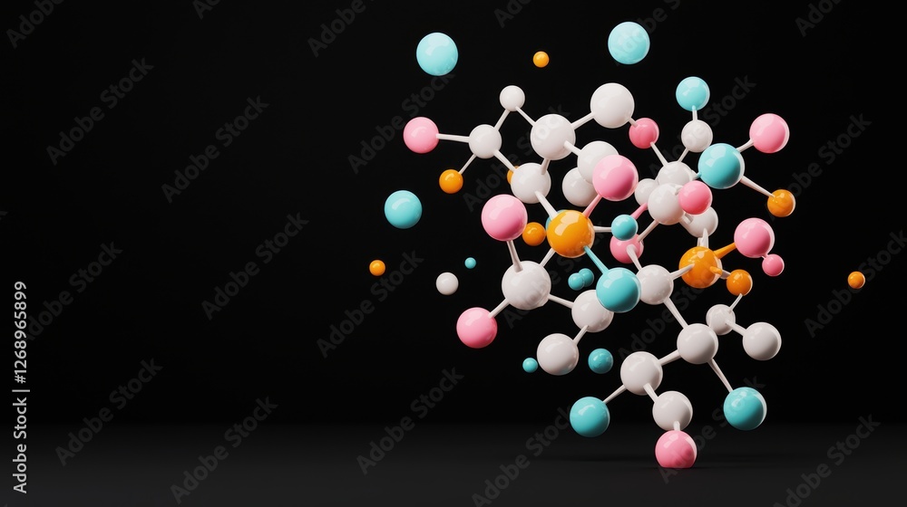 Aufkleber a 3d rendering of a complex molecule, with brightly colored spheres representing atoms connected by 