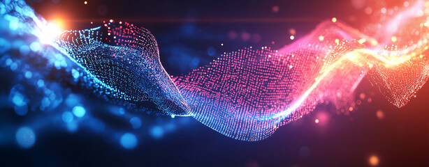 Abstract background with glowing waves and light particles, creating vibrant digital atmosphere. colorful flow evokes sense of energy and movement