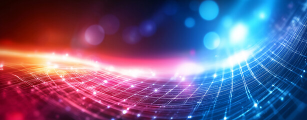 Abstract background with glowing grid and vibrant light waves in blue and red hues, creating dynamic and energetic atmosphere