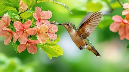 Fototapeta premium Hummingbird feeding on vibrant pink flowers in lush greenery