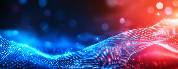Abstract digital wave background with glowing lights in blue and red hues, creating vibrant and dynamic visual effect