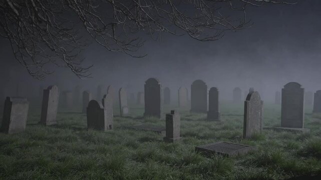 Eerie graveyard scene with fog and bare branches, captured at a low angle. Perfect for a horror video, emphasizing a spooky, mysterious atmosphere.