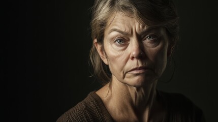 Obraz premium Mature woman with gray hair in contemplative expression against dark background