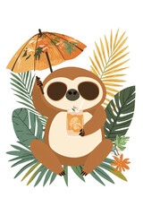 Obraz premium Cute cartoon sloth relaxing with tropical drink and umbrella in jungle setting