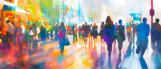Vibrant and Colorful Crowd of People Moving Through a Busy City Street Scene with Blurred Motion and Dynamic Urban Architecture in the Background