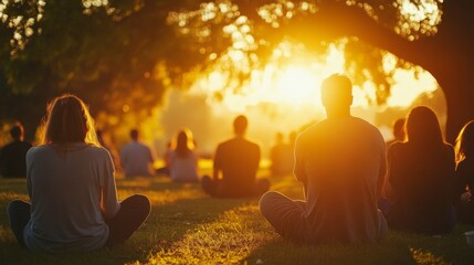 Group of young adults meditating outdoors at sunset under a large tree