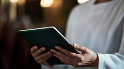 Female adult using digital tablet in white shirt indoors