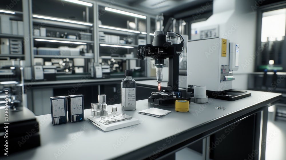 Poster bci research workspace with a neural sensor helmet, data visualization software, and a modern lab se