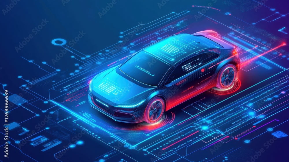 Poster cybersecurity visualization of a self-driving vehicles encrypted data streams preventing cyber threa