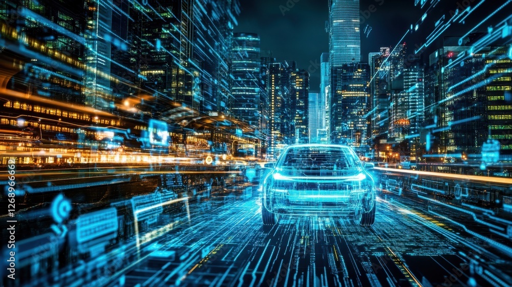 Poster cybersecurity visualization of a self-driving vehicles encrypted data streams preventing cyber threa