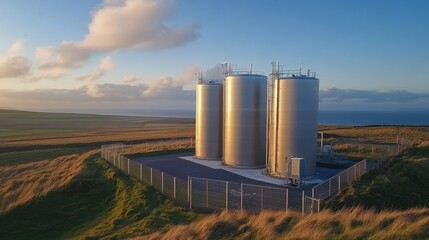 Obraz premium Hydrogen storage tanks at a renewable energy plant, designed for long-duration energy storage.