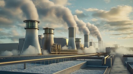 Massive liquid air energy storage facility, with cooling towers and futuristic control panels.