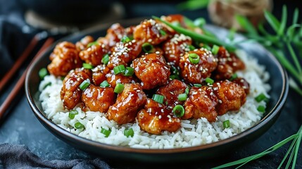 Golden crispy General Tso's Chicken glazed with sweet and sour sauce, garnished with green onions, served with steamed jasmine rice