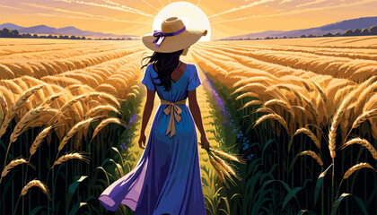 Woman in Wheat Field at Golden Sunset