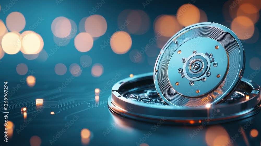 Poster a close up of a hard disk drive with its spinning platters and read/write head, illustrating the tec