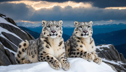 Obraz premium A pair of endangered snow leopards resting on a snowy mountain ledge, their thick fur blending into the icy environment under a dramatic sky