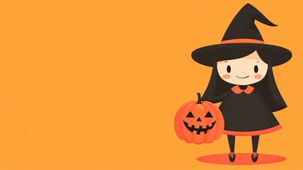 A cute cartoon witch holds a jack-o'-lantern against a vibrant orange background, embodying the playful spirit of Halloween
