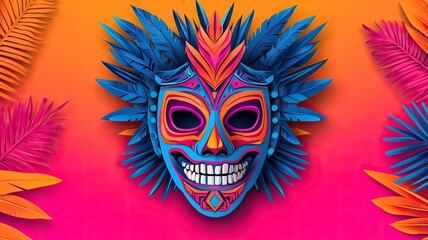 Obraz premium A vibrant, colorful mask featuring intricate designs, highlighting a combination of blue, pink, and orange hues against a bright background, Carnival