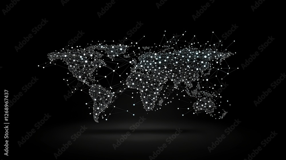 Poster minimalist world map formed by connecting dots on a black background, emphasizing the interconnected