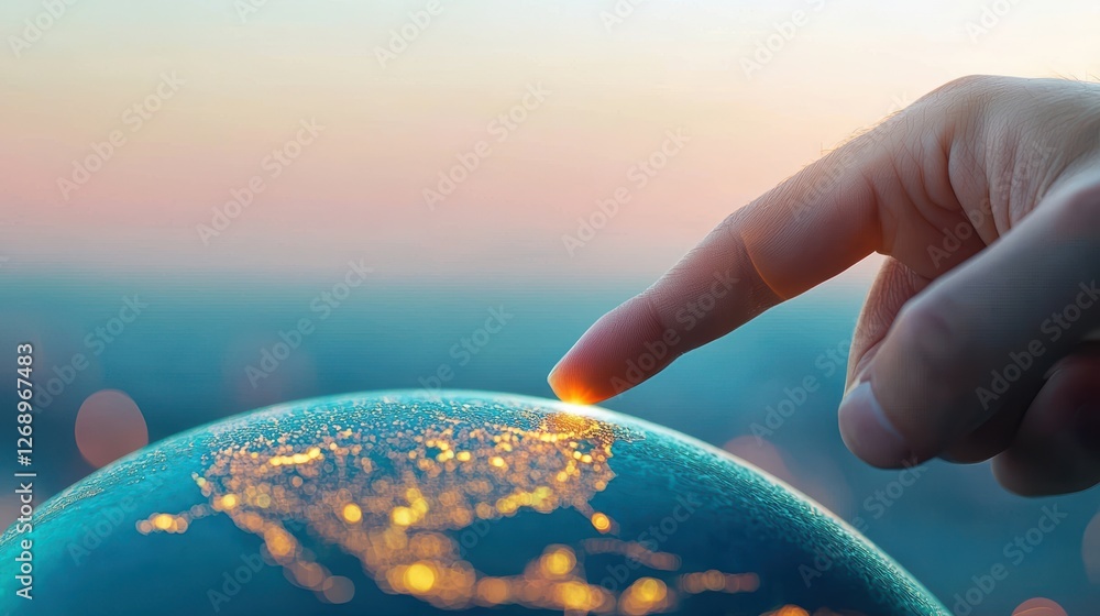 Poster close up of a hand spinning a globe, with a blurred background and a single finger pointing to a spe