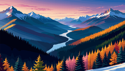 Obraz premium Stunning Mountain Valley with Autumn Foliage at Sunset