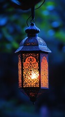 A beautifully designed lantern emitting a warm glow in a serene outdoor setting.