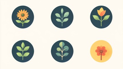 Colorful floral icons with six stylized botanical designs