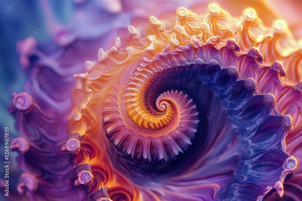 Poster vibrant spiral pattern with intense gradient transition from warm to cool hues, visually striking