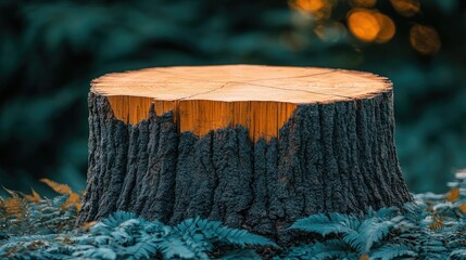 A tree stump with a smooth top surface sits amongst ferns