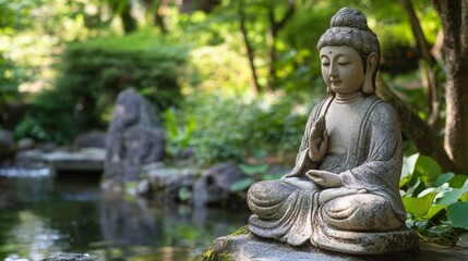 Tranquil stone buddha statue in serene japanese garden setting by pond